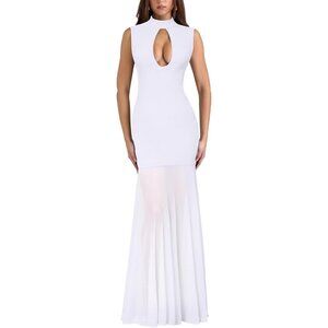 Women's White Sleeveless Long Mock Neck Bodycon Flowy Cocktail Party Maxi